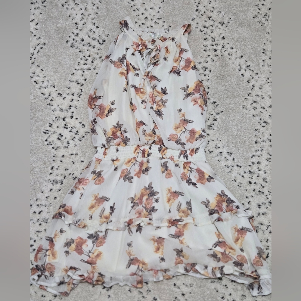 Floral Tiered Halter Summer Dress - White with Blush & Tan Flowers
